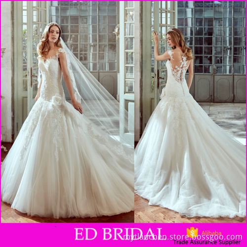 JU2202 Illusion Neckline Sleeveless Appliques Fish Cut Suzhou Ivory Wedding Dress